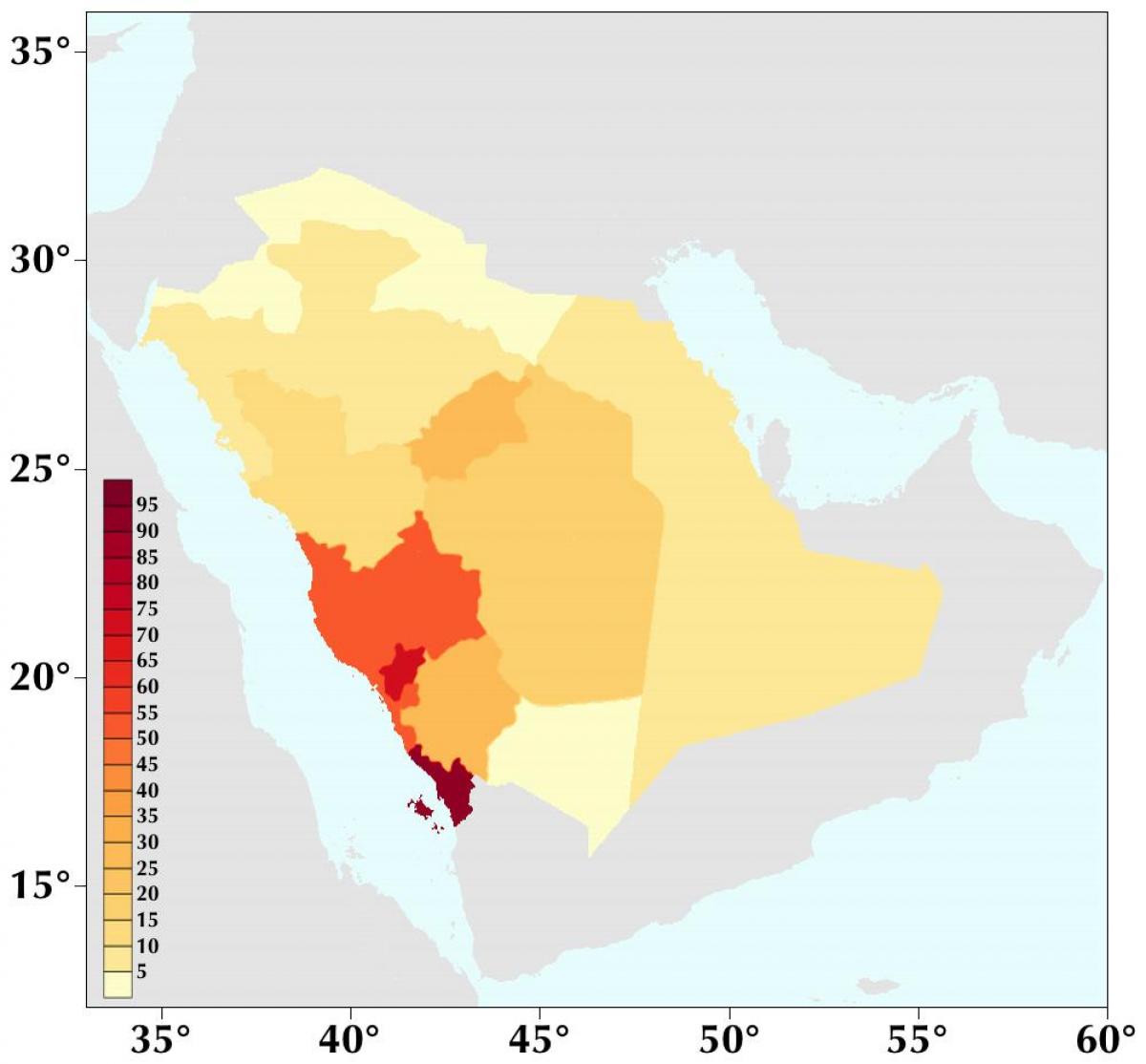 Arabia Saudyjska mapę gęstości zaludnienia 