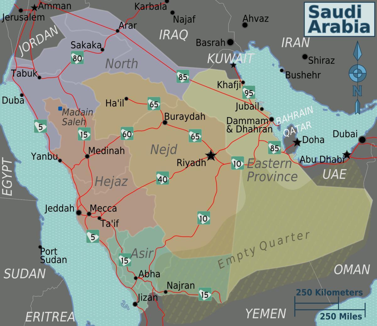 Mapa Arabii Saudyjskiej z miastami odległość