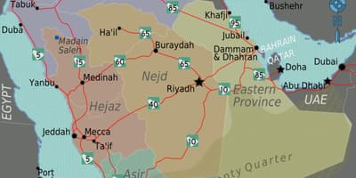 Mapa Arabii Saudyjskiej z miastami odległość